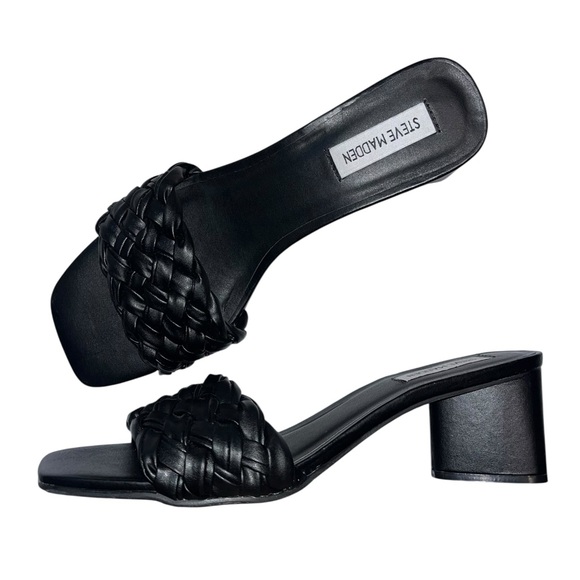 Steve Madden Palas Black Braided Block Heel Slide Sandal - Size 9 - Picture 1 of 10
